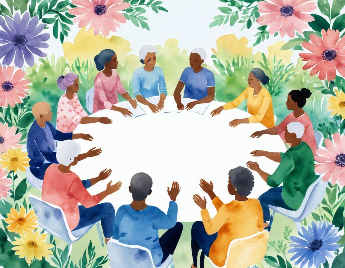A serene and uplifting illustration of a diverse group of cancer patients and survivors engaging in a support group circle, surrounded by blooming flowers symbolizing hope and resilience. Infuse elements like guiding hands, comforting gestures, and books representing essential resources spread around, conveying warmth and community. The background should be bright and inviting, with soft pastel colors that evoke a sense of healing and positivity. watercolor style. vibrant colors. soft focus.