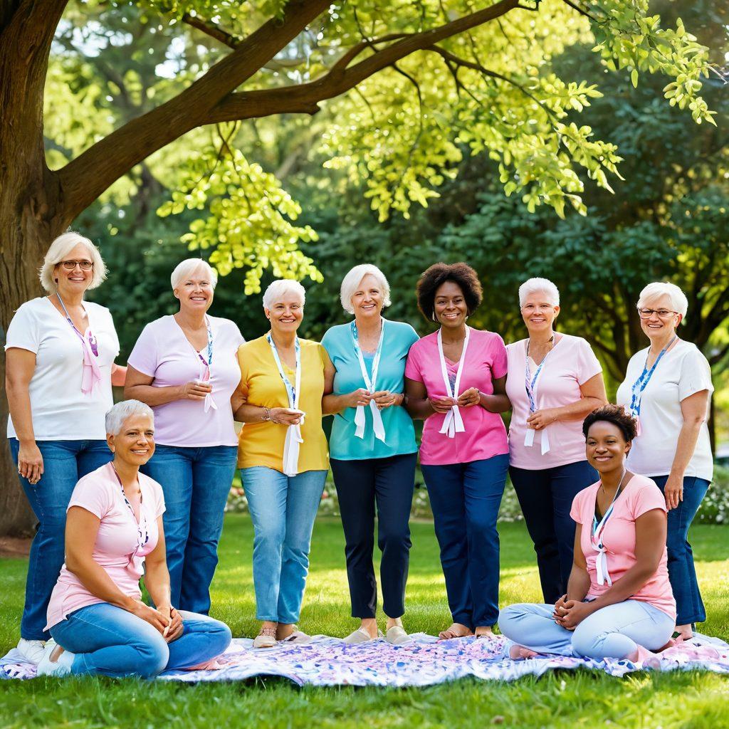 A serene and hopeful scene depicting a diverse group of cancer survivors sharing stories and support in a sunny park. Incorporate elements such as ribbons symbolizing cancer awareness, lush greenery, and soft sunlight filtering through the trees. Showcase a balanced mix of emotions, from strength to gratitude, emphasizing community and empowerment. Include gentle, uplifting colors to convey positivity and hope. vibrant colors. natural setting. super-realistic.