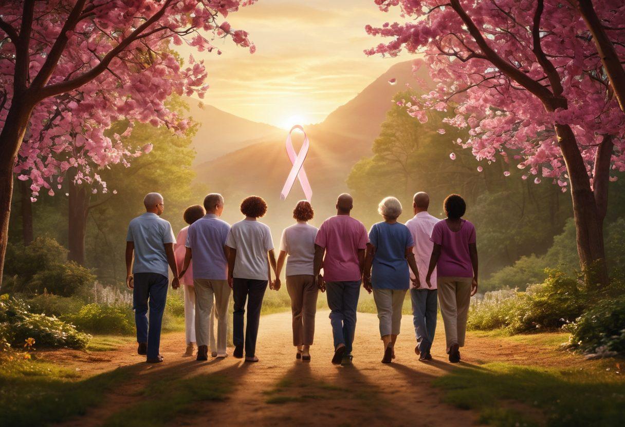 A powerful visual journey depicting a diverse group of people, united in their fight against cancer. The scene includes symbolic elements like ribbons and a glowing light bulb signifying awareness, hope, and healing. Incorporate a serene nature backdrop to represent tranquility and support. Include medical icons subtly woven into the landscape to emphasize the importance of oncology awareness. super-realistic. vibrant colors. 3D.